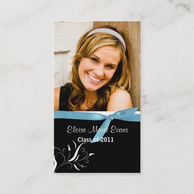 Black & White Graduation Rep card with blue ribbon (Front)