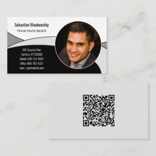 Black, White & Gray Abstract with QR Code & Photo  Business Card