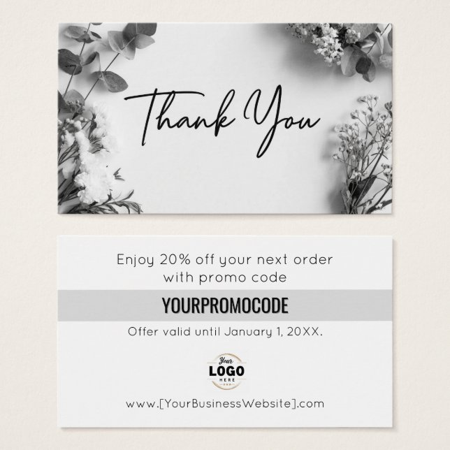Black White Gray Botanical Thank You Discount Card (Front & Back)