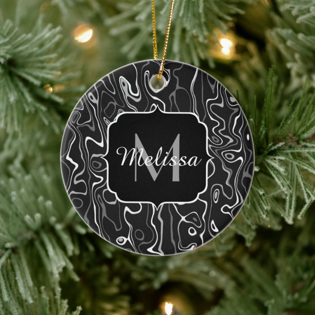 Black white gray damascus abstract swirls Monogram Ceramic Tree Decoration (Tree)
