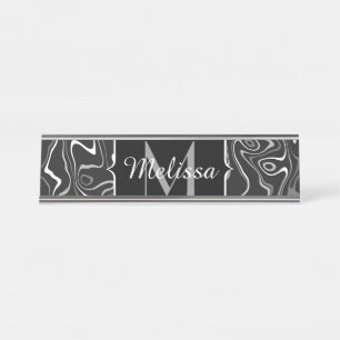 Black white gray damascus abstract swirls Monogram Desk Name Plate