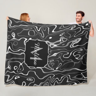 Black white gray damascus abstract swirls Monogram Fleece Blanket
