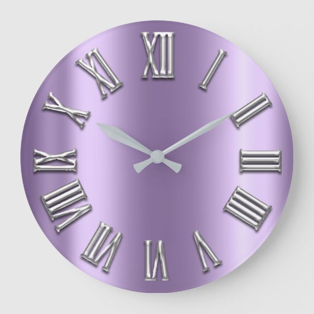 Black White Gray Metal Purple Silver Roman Number Large Clock (Front)