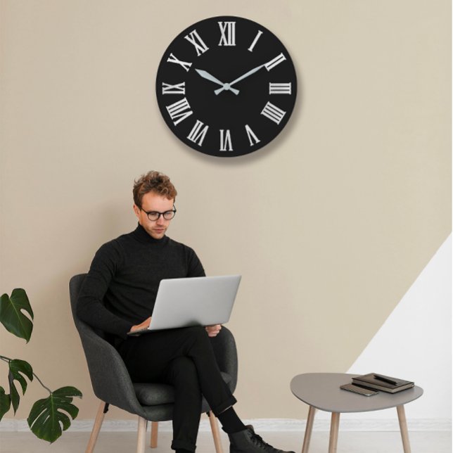 Black White Gray Metallic Silver Roman Numbers Large Clock (Black White Gray Metallic Silver Roman Numbers Large Clock)