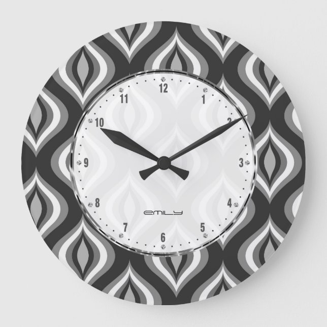 Black White & Gray Teardrop Modern Pattern Large Clock (Front)
