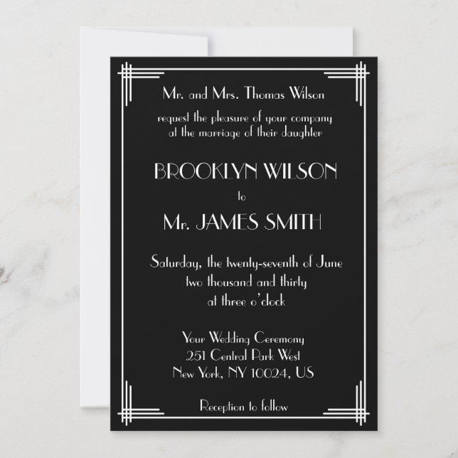 Black White Great Gatsby Art Deco Wedding Invites (Front)