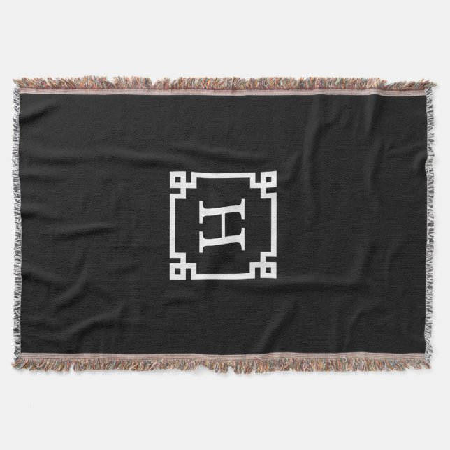 Black White Greek Key #2 Framed Monogram Throw Blanket (Front)