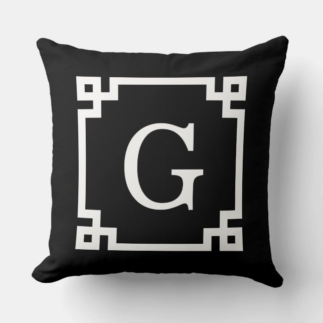 Black White Greek Key Frame #2 Initial Monogram Cushion (Front)