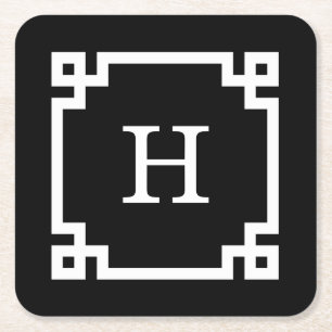 Black White Greek Key Frame #2 Initial Monogram Square Paper Coaster