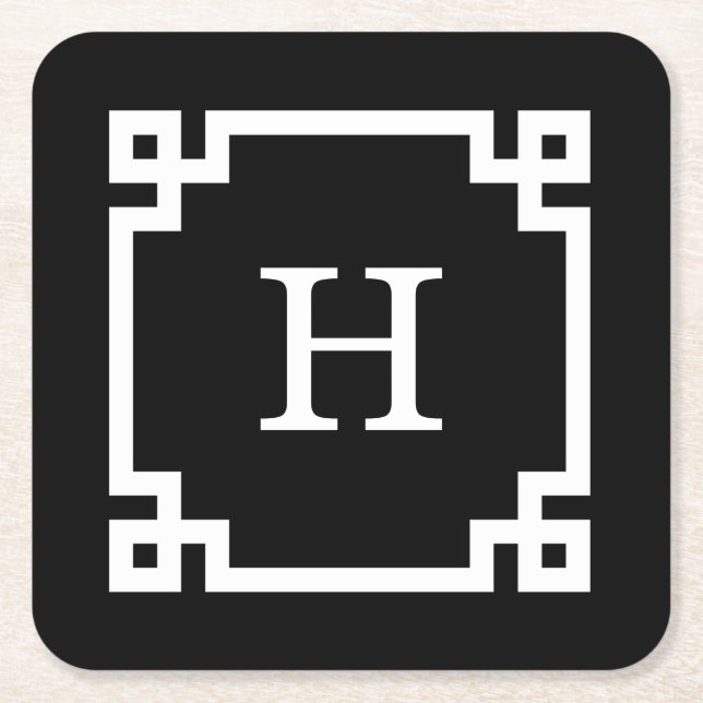 Black White Greek Key Frame #2 Initial Monogram Square Paper Coaster (Front)