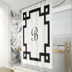 Black White Greek Key Monogram Shower Curtain