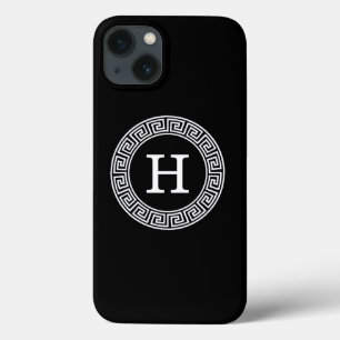 Black White Greek Key Rnd Frame Initial Monogram iPhone 13 Case