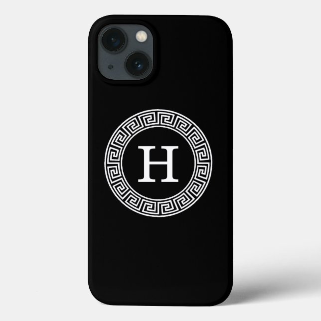 Black White Greek Key Rnd Frame Initial Monogram Case-Mate iPhone Case (Back)