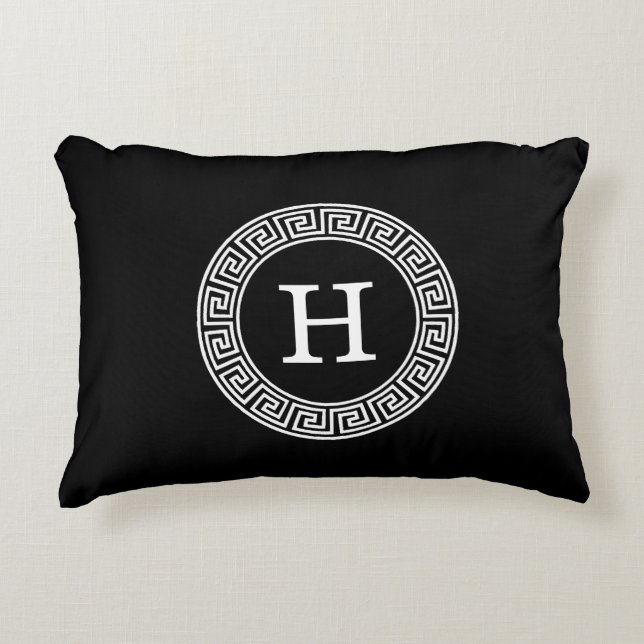 Black White Greek Key Rnd Frame Initial Monogram Decorative Cushion (Front)