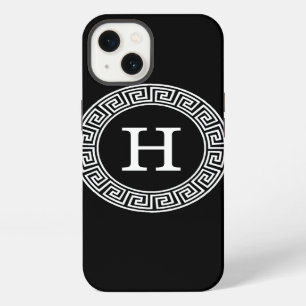 Black White Greek Key Rnd Frame Initial Monogram iPhone 13 Case