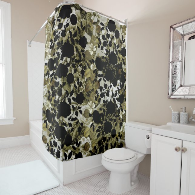 Black White Green Botanical Garden Floral Toile Shower Curtain (In Situ)