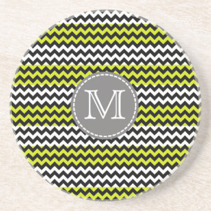 Black White Green Chevron Zigzag Monogram Coaster