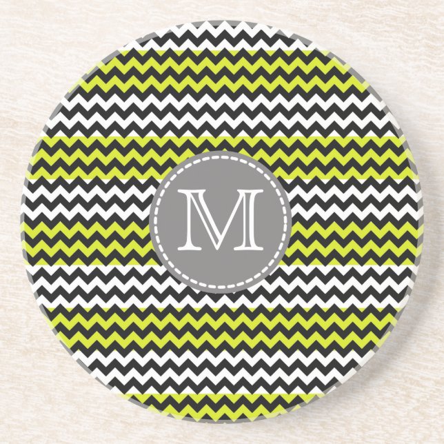 Black White Green Chevron Zigzag Monogram Coaster (Front)