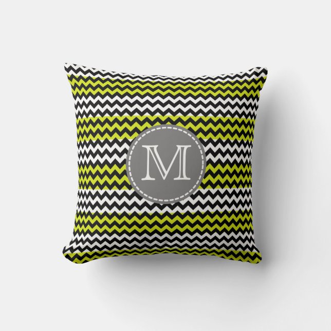 Black White Green Chevron Zigzag Monogram Cushion (Front)