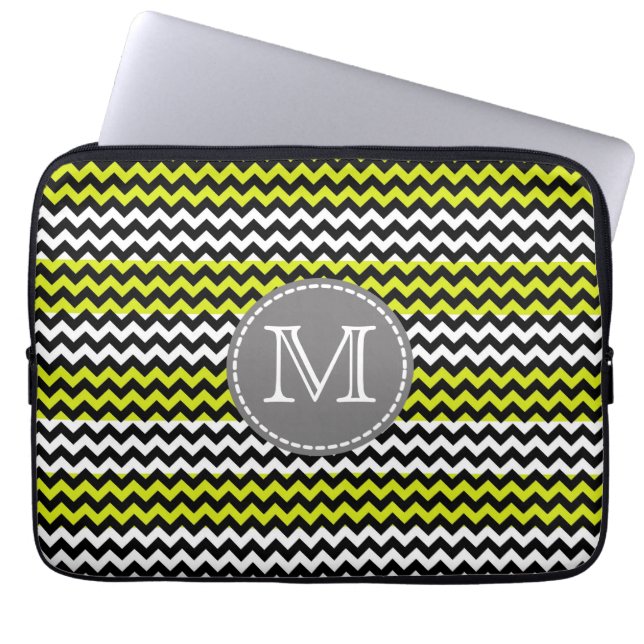 Black White Green Chevron Zigzag Monogram Laptop Sleeve (Front)