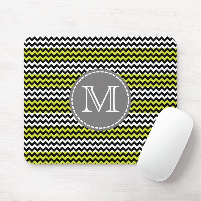 Black White Green Chevron Zigzag Monogram Mouse Mat (With Mouse)