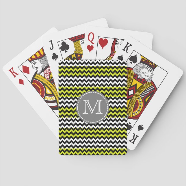 Black White Green Chevron Zigzag Monogram Playing Cards (Back)