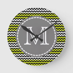 Black White Green Chevron Zigzag Monogram Round Clock