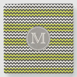 Black White Green Chevron Zigzag Monogram Stone Coaster