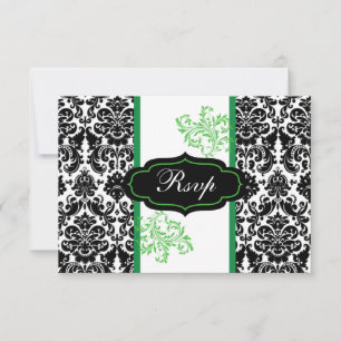 Black, White, Green Damask Scroll Wedding RSVP Invitation