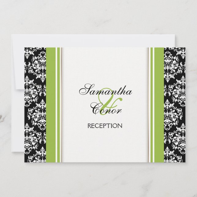 Black white green damask wedding engagement invitation (Front)