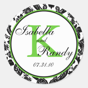 Black White Green Damask Wedding Favour Classic Round Sticker