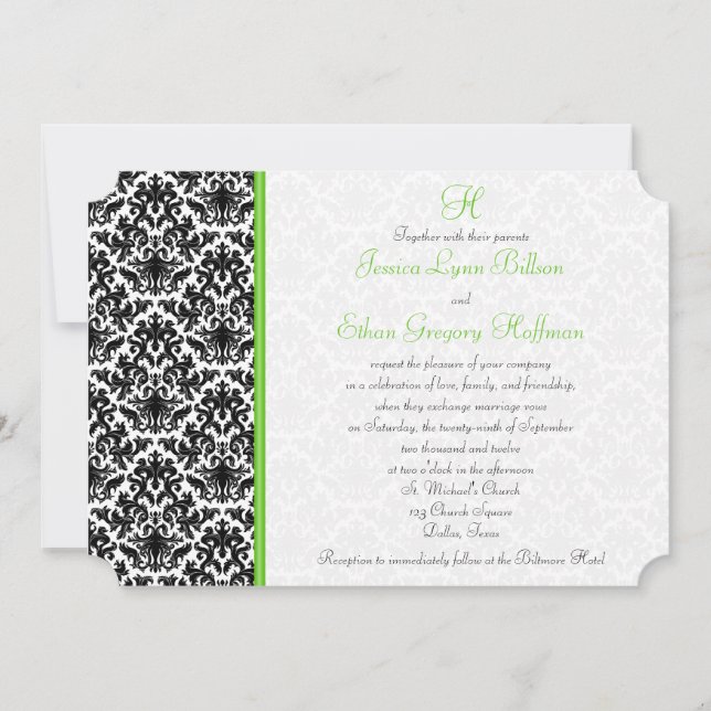Black, White, Green Damask Wedding Invitation (Front)