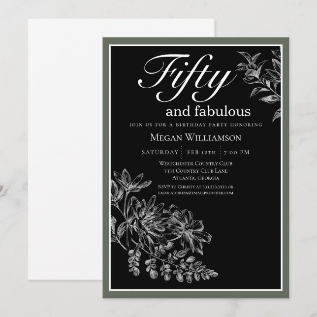 Black White Green Floral 50 and Fabulous Birthday Invitation (Front/Back)