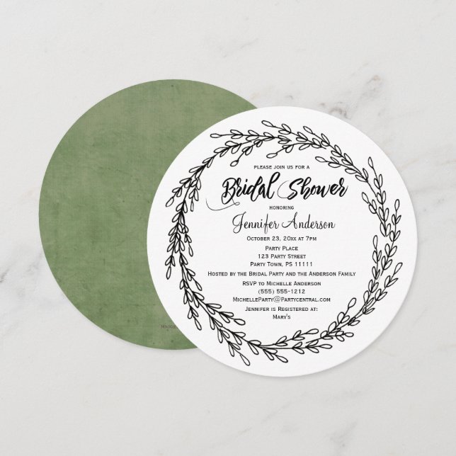 Black White Green Floral Botanical Bridal Shower Invitation (Front/Back)