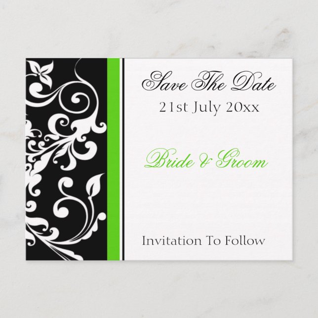 Black White Green Floral Invitation, 21st July ... Announcement Postcard (Front)