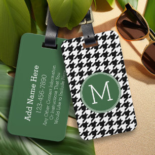 Black White Green Houndstooth Pattern Monogram Luggage Tag