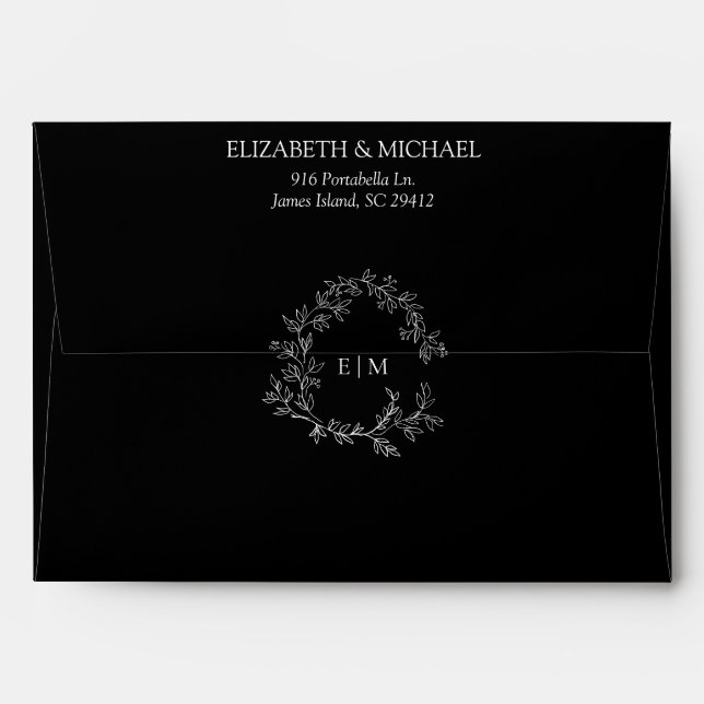 Black White Green Leafy Crest Monogram Wedding Envelope (Back (Top Flap))