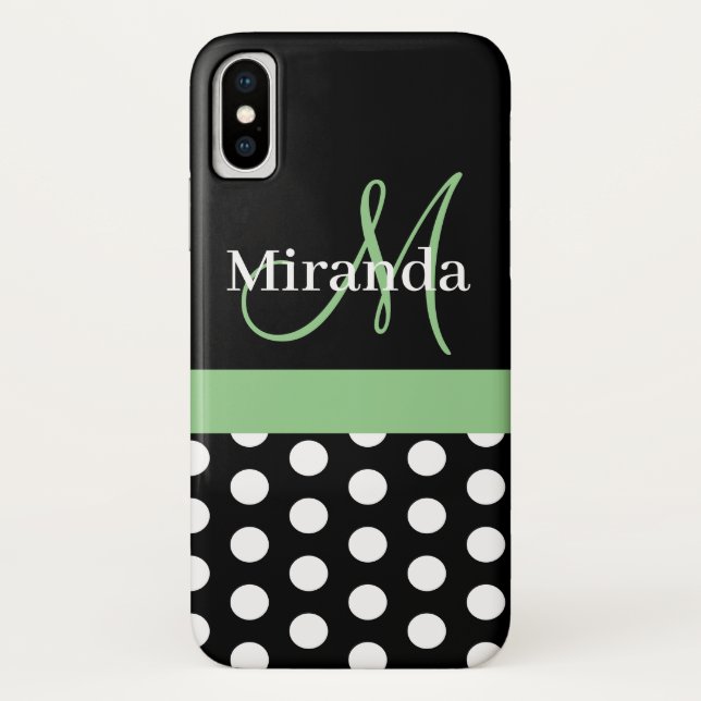 Black White Green Monogram Script Polka Dots Case-Mate iPhone Case (Back)