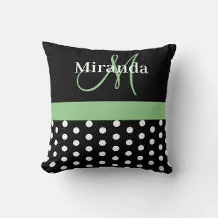 Black White Green Monogram Script Polka Dots Cushion