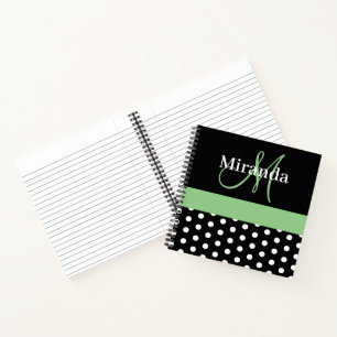 Black White Green Monogram Script Polka Dots Notebook