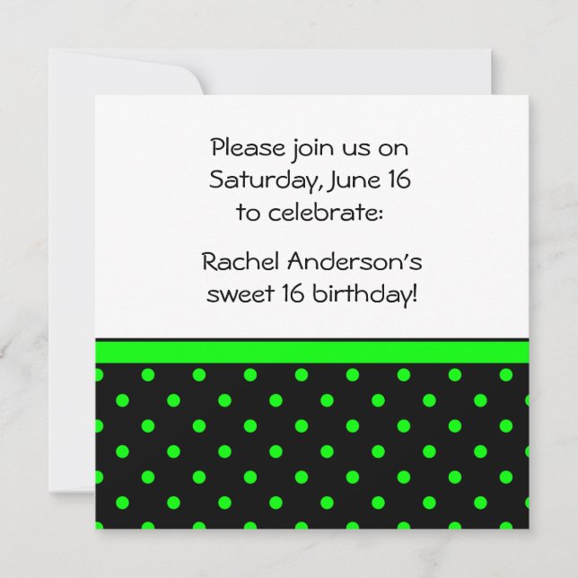 Black White Green Polka Dots Party Invite (Front)