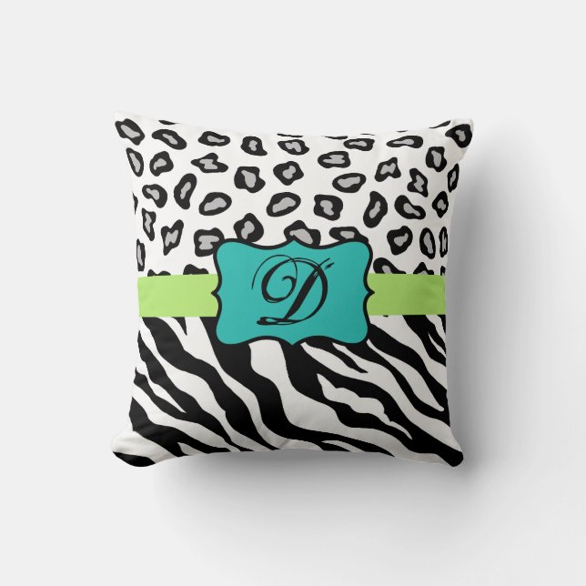 Black White Green & Turquoise Zebra & Cheetah Skin Cushion (Front)