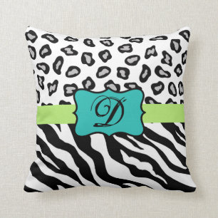 Black White Green & Turquoise Zebra & Cheetah Skin Cushion