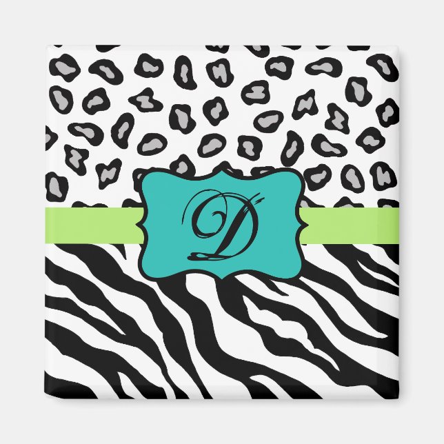 Black White Green & Turquoise Zebra & Cheetah Skin Magnet (Front)