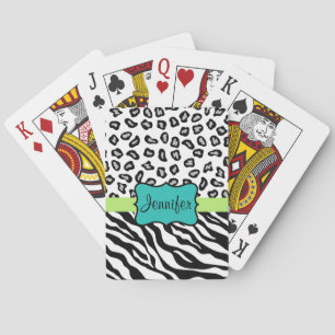 Black White Green & Turquoise Zebra & Cheetah Skin Playing Cards