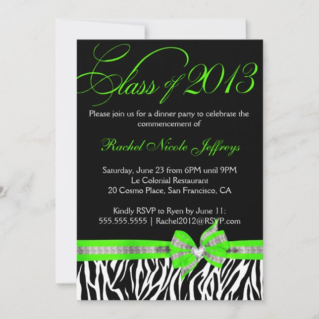 Black White Green Zebra Graduation Invitation (Front)