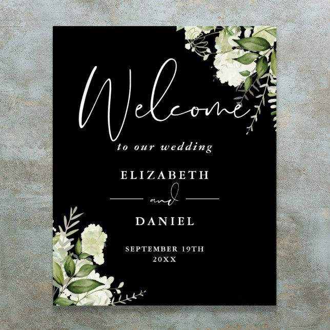Black White Greenery Floral Wedding Welcome Sign (Black White Greenery Floral Wedding Welcome Sign)