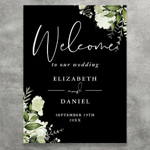 Black White Greenery Floral Wedding Welcome Sign
