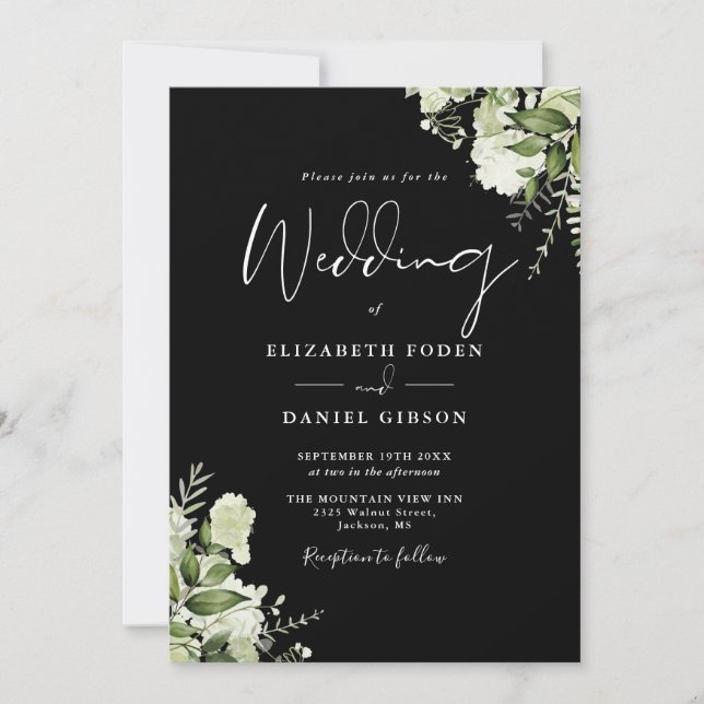 Black White Greenery Leaves Monogram Wedding  Invitation (Front)