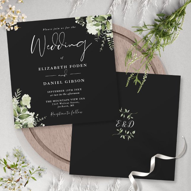 Black White Greenery Monogram Square Wedding Invitation (Creator Uploaded)